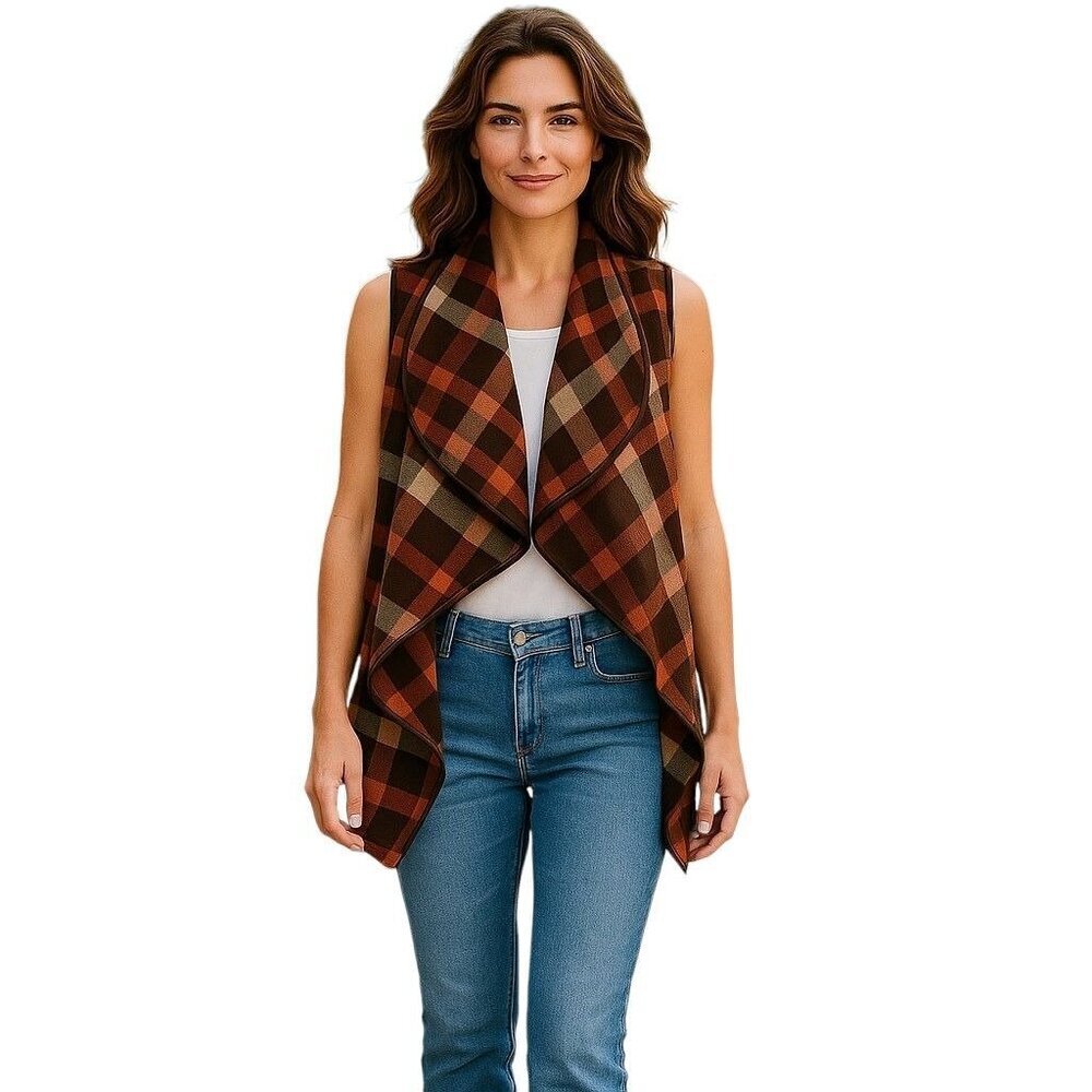 Favlux Brown Plaid Waterfall Vest Large Sleeveless Open Front Fall Layering